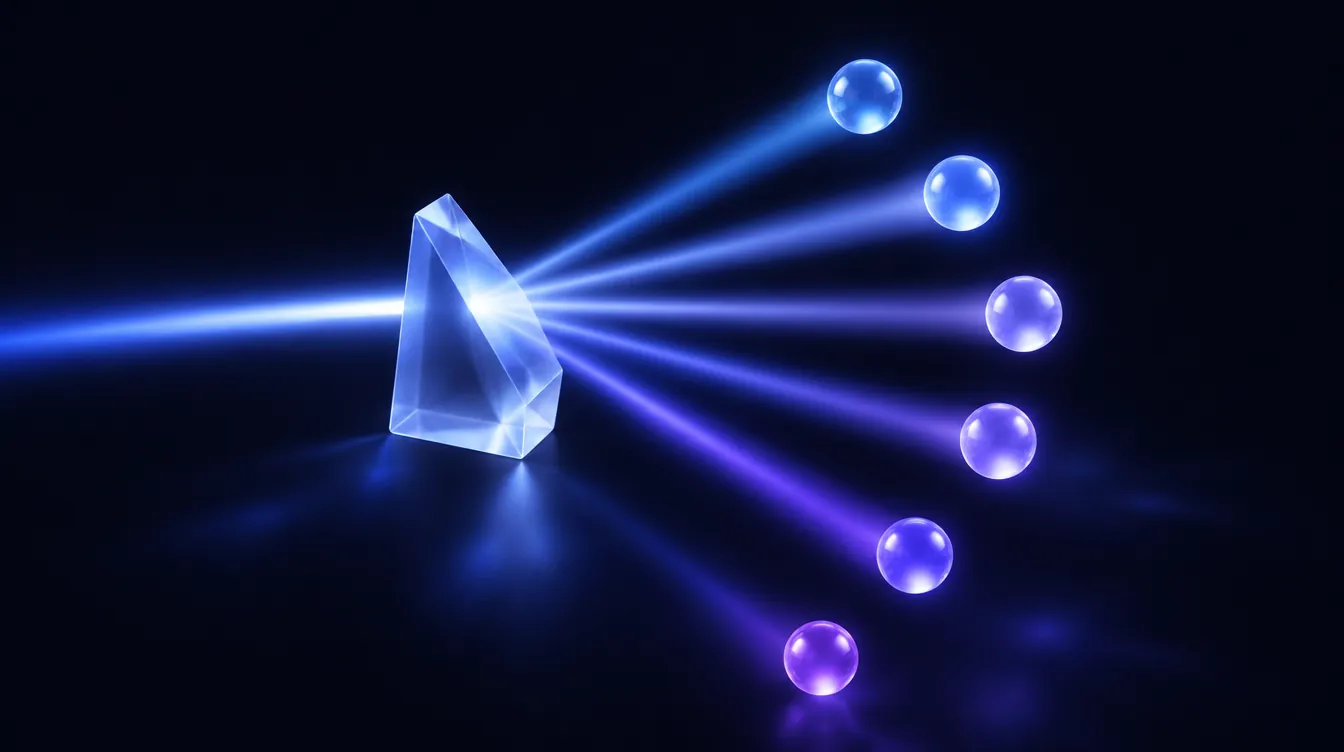 Ein Glasprisma teilt einen Lichtstrahl in sechs Strahlen auf: Performance Max verteilt ein Budget auf viele Kanäle