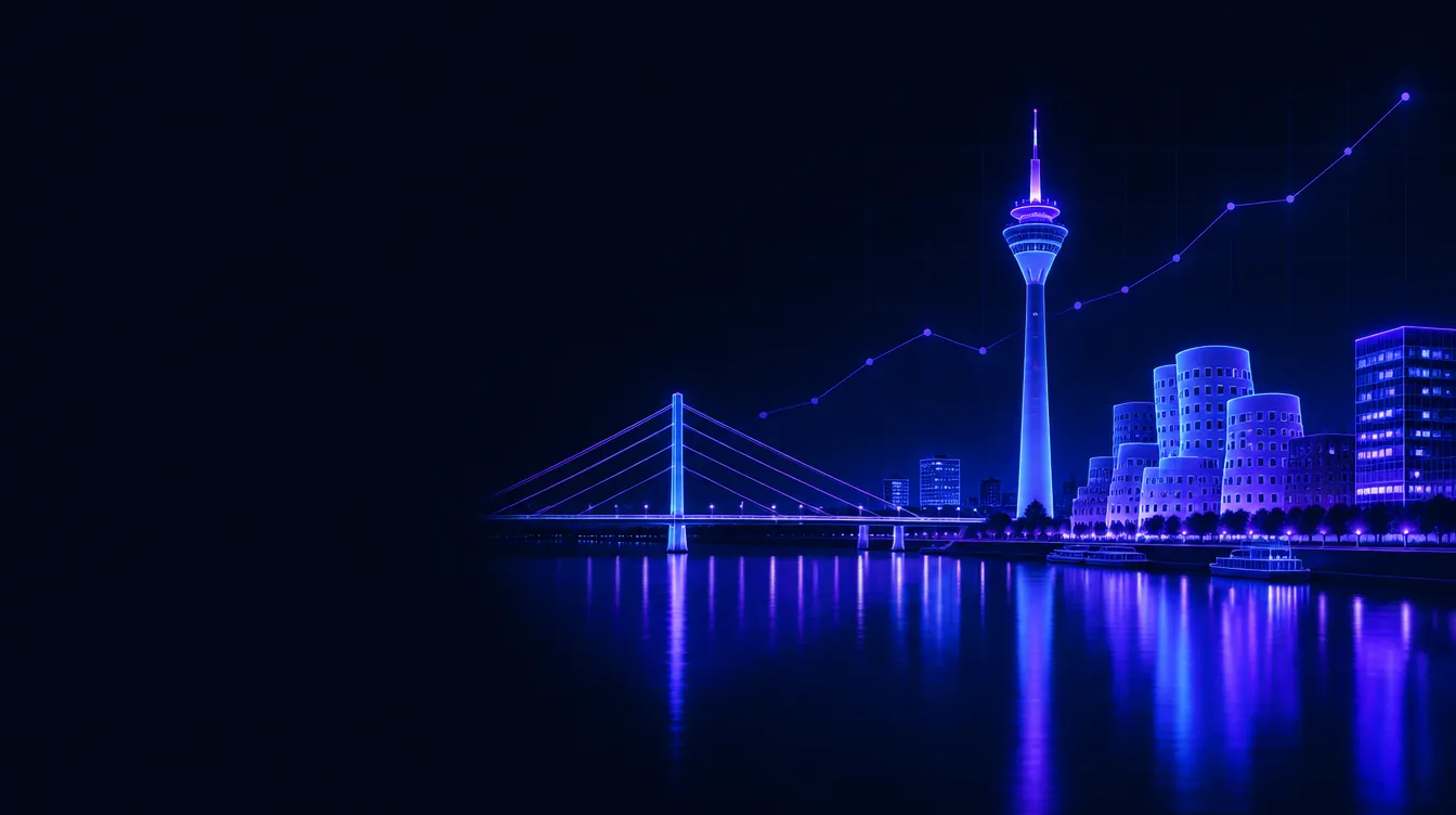 Illustration der Düsseldorfer Skyline bei Nacht mit Rheinturm und Medienhafen