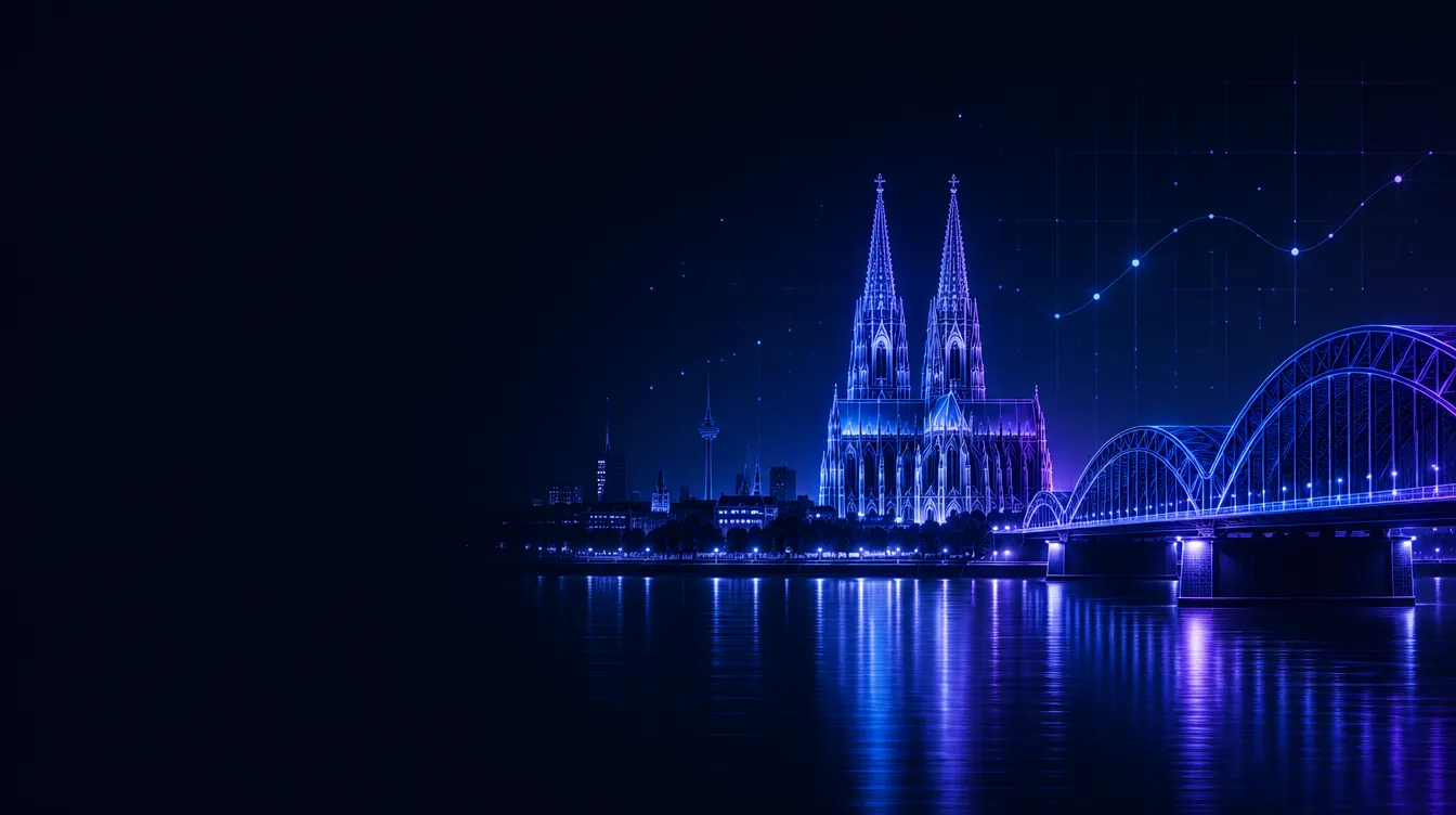 Illustration der Kölner Skyline bei Nacht mit Dom und Hohenzollernbrücke